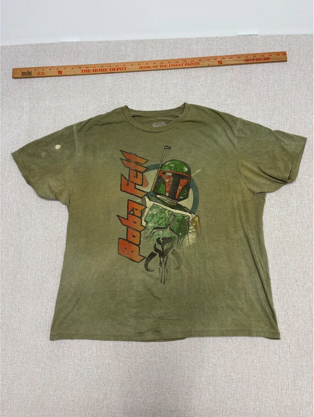 Star Wars Men's Olive Green Boba Fett Graphic T-Shirt Bleach Spot Size 2XL